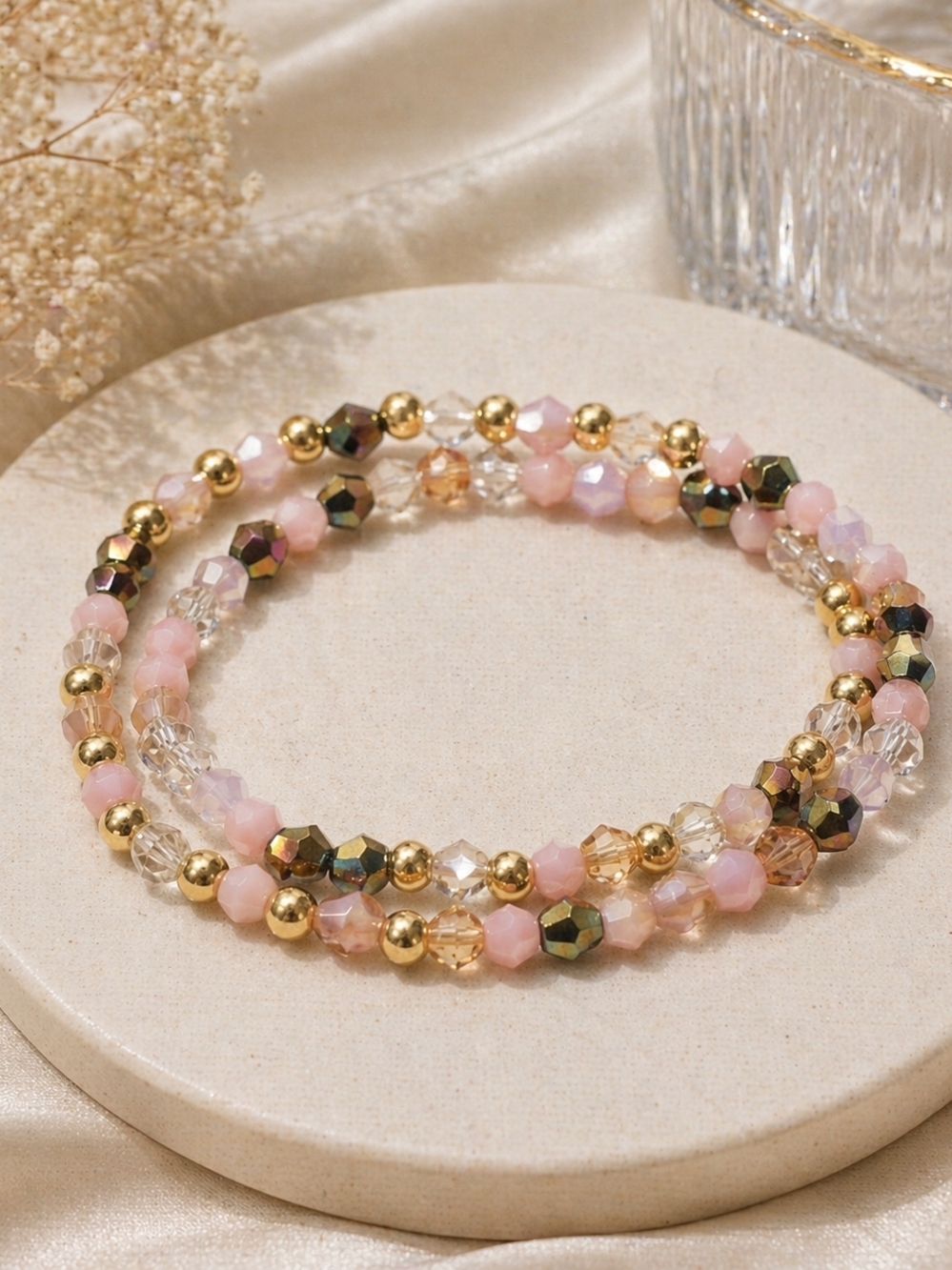 Delicate Handmade Beaded Bracelet Set | Pink, Gold & Crystal | Stackable Stretch